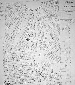 This map of early Detroit shows three early meeting places of the Territorial Supreme Court.